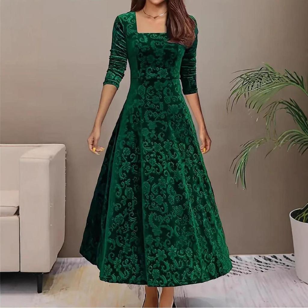 Elegant Embossed Long Sleeve Square Neck Dress - Women's Autumn/Winter Fashion