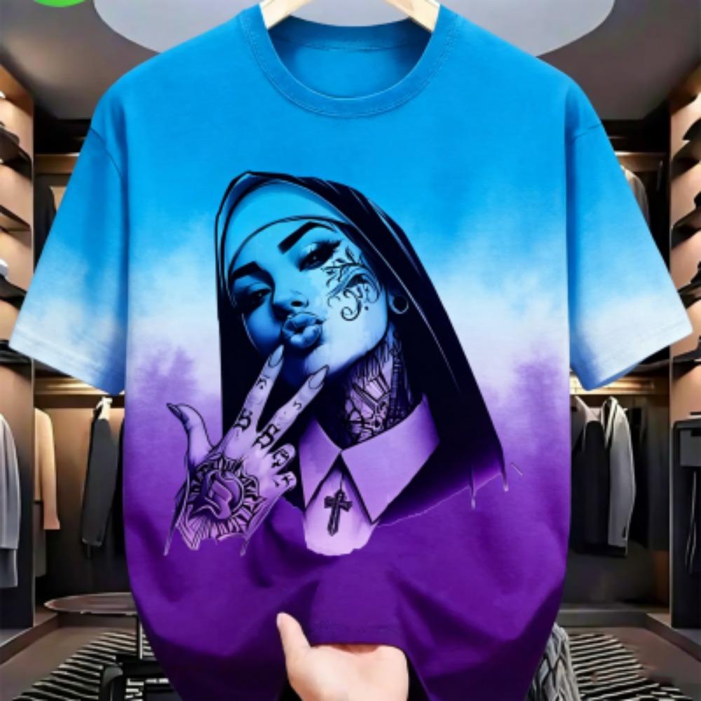 Sommer Mode Bunte Tätowierte Nonne Grafikdruck Damen T-Shirt Sommer Lässig Locker Kurze Ärmel Herren und Damen T-Shirts Oberteil