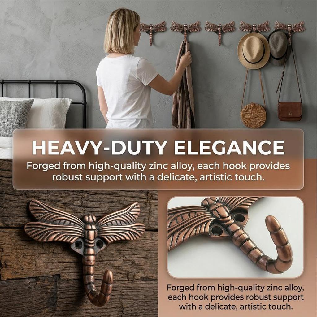 6 Pack Dragonfly Decorative Wall Hooks Decorative Mounted Hanger Vintage Coat Hooks for Coat Towel Robe Clothes Hats Bags Keys