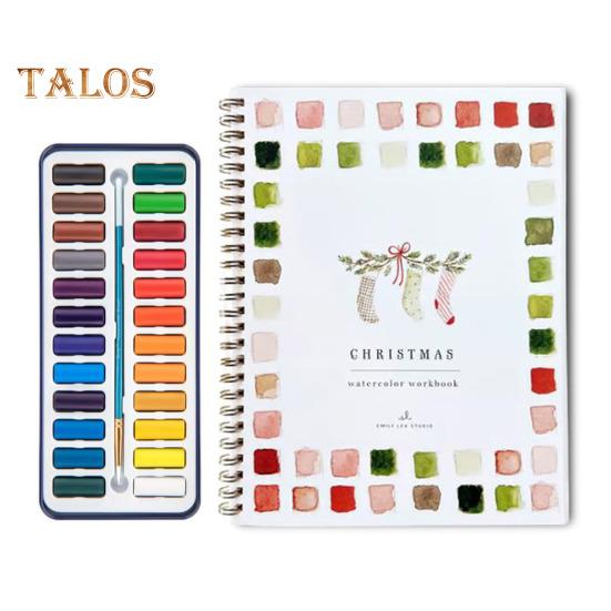 Caderno de exercícios de aquarela 24 cores Conjunto de pintura em aquarela com pincéis Livro de colorir com água em espiral Presentes de artesanato para iniciantes