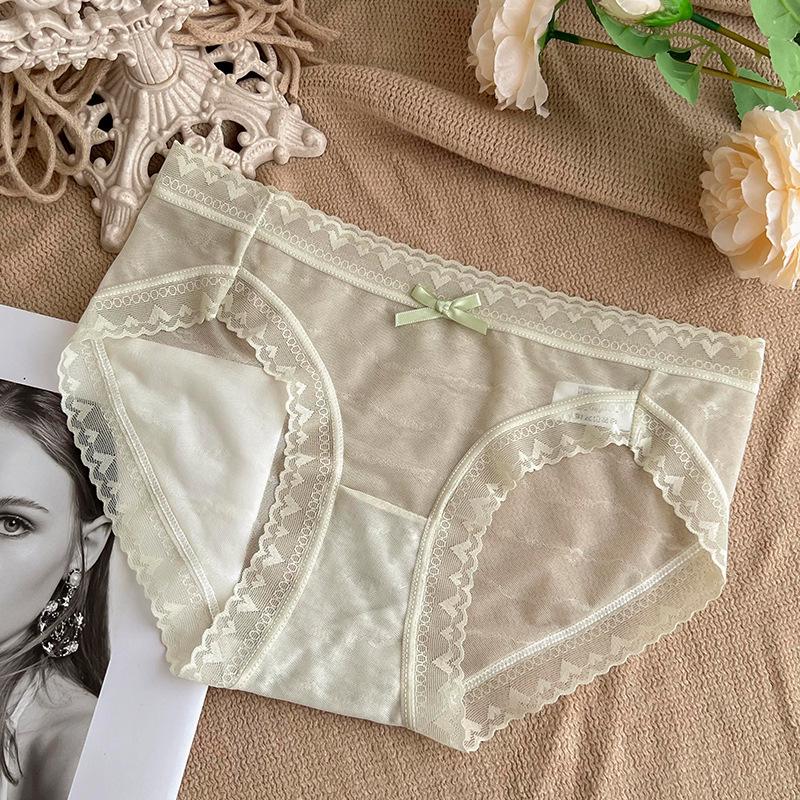 French Lace Ice Silk Mid-Waist Panties - Women's Sexy Semi-Transparent Seamless Briefs with Soft, Breathable Crotch