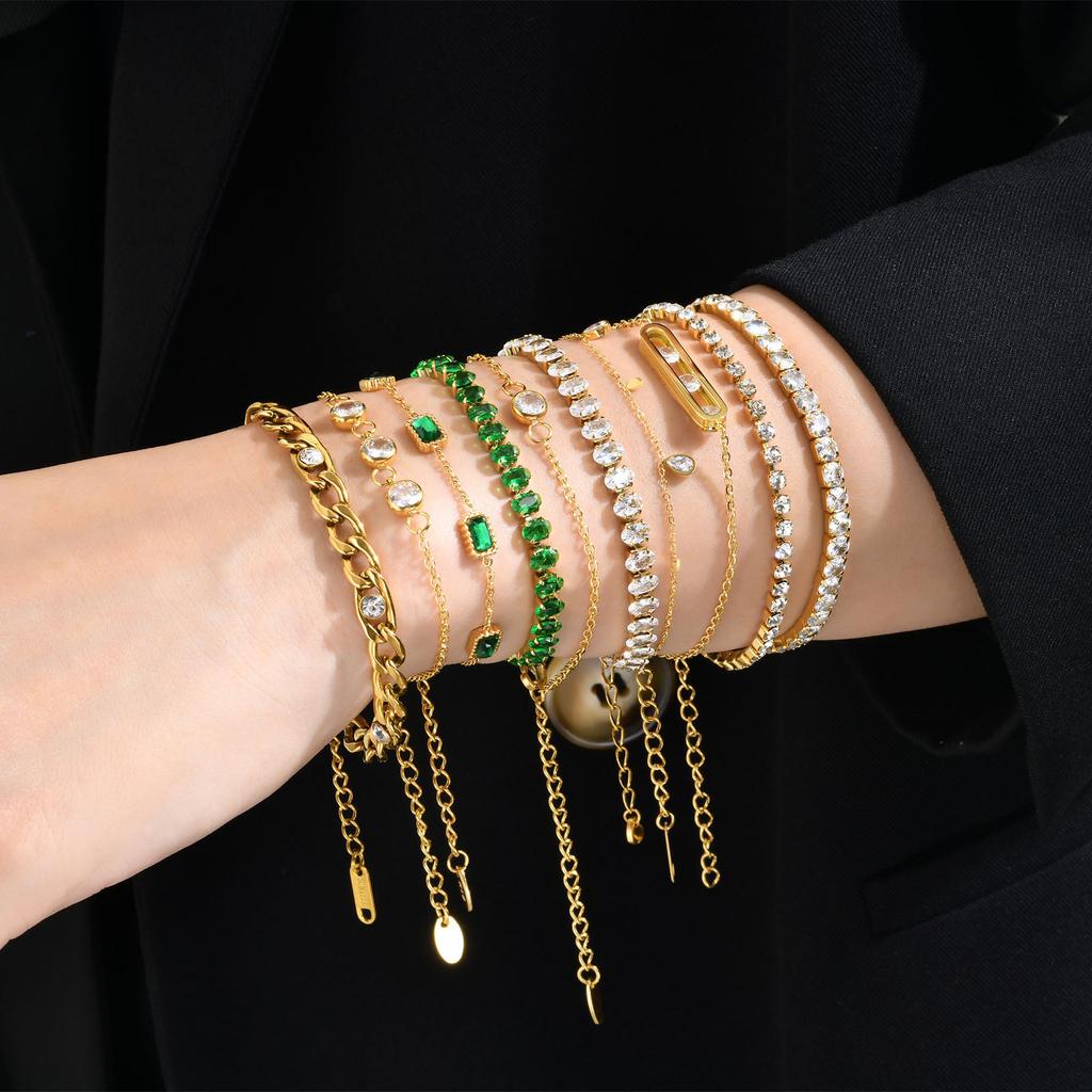 Stainless Steel Gold Green Zircon Stacked Bracelet Women, Titanium Steel Accessories Personalized Fashion Jewelry