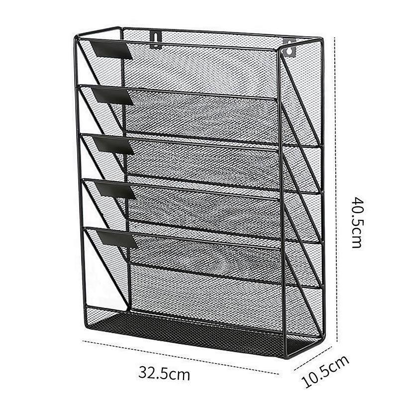 Suport metalic de perete pentru dosare: Organizator vertical cu cinci straturi pentru documente A4 și coș de depozitare pentru cărți cu mai multe straturi.