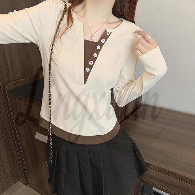 

Spring 2026 Plus Size Women s Korean Style Color Block Half Open Collar Long Sleeve Top 3XL абрикосовий
