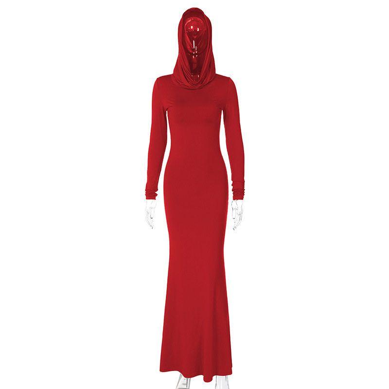

European and American Style Women s Clothing 2025 Autumn New Fashion Elegant Solid Color Slim Fit Hooded Long-Sleeve Dress Foreign Trade Red S