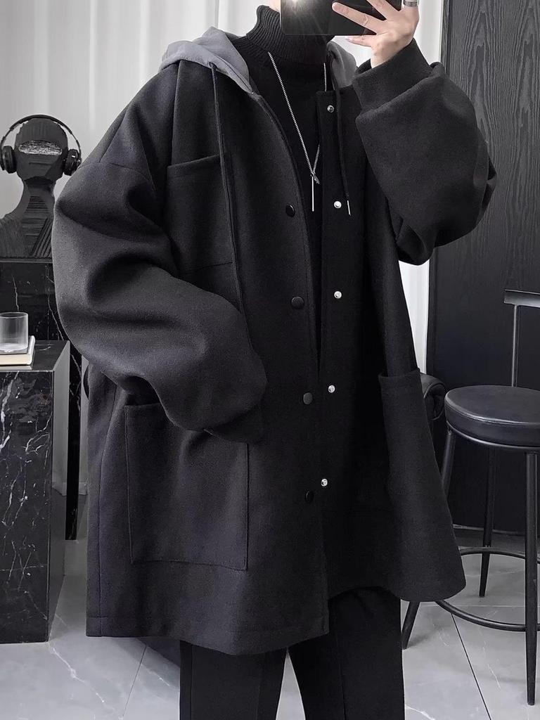 Men's British Style Hooded Wool Trench Coat, Mid-Length, Thick Cotton, Over-the-Knee Winter Jacket