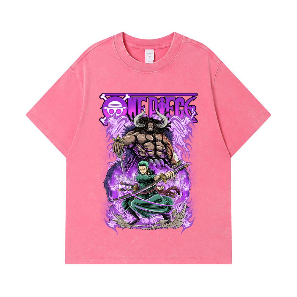 T-shirts Lavés 275 GSM 100% Coton Pièce Unique V32 Impression Zoro Kaido Unisexe T-shirt Lourd en Coton