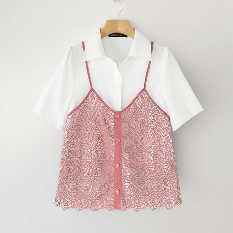 

ZANZEA Женская летняя повседневная блузка пэчворк с коротким рукавом, имитация двух частей S розовый