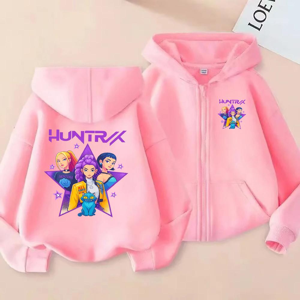 HUNTRIX Girls Cartoon Graphic Zip Up Hoodie Women's Casual Long Sleeve Sweatshirt with Star Print