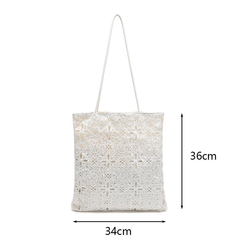 Hollow Out Embroidery Lace Shoulder Bag Flower Design Large Capacity Sequin Tote Bag Lightweight Women's Shopper Handbag CLE