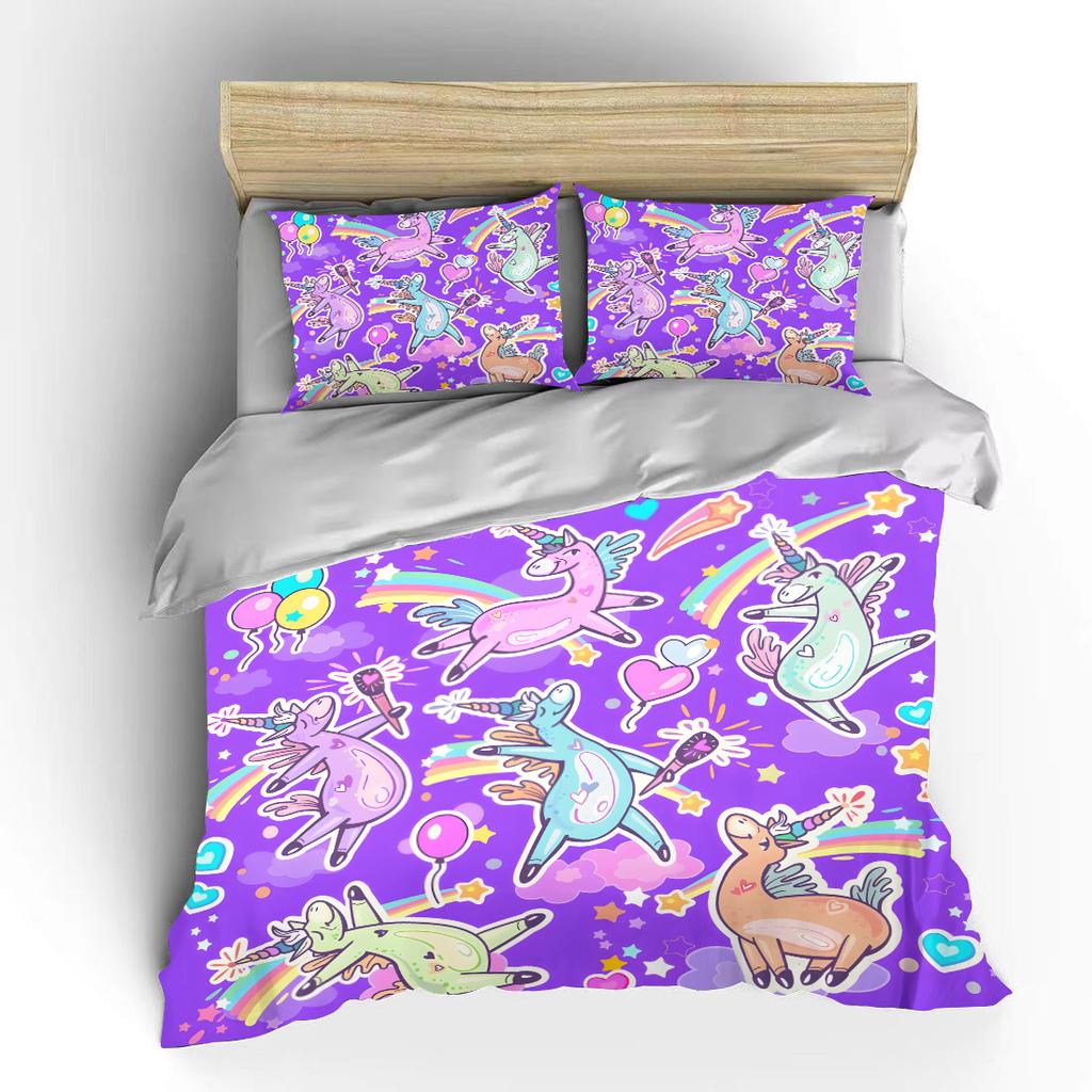 Cute Unicorns With Rainbow Background Bedding Set 1 Duvet Cover 2 Pillowcases For Adult And Children Luxury Gift Full Size
