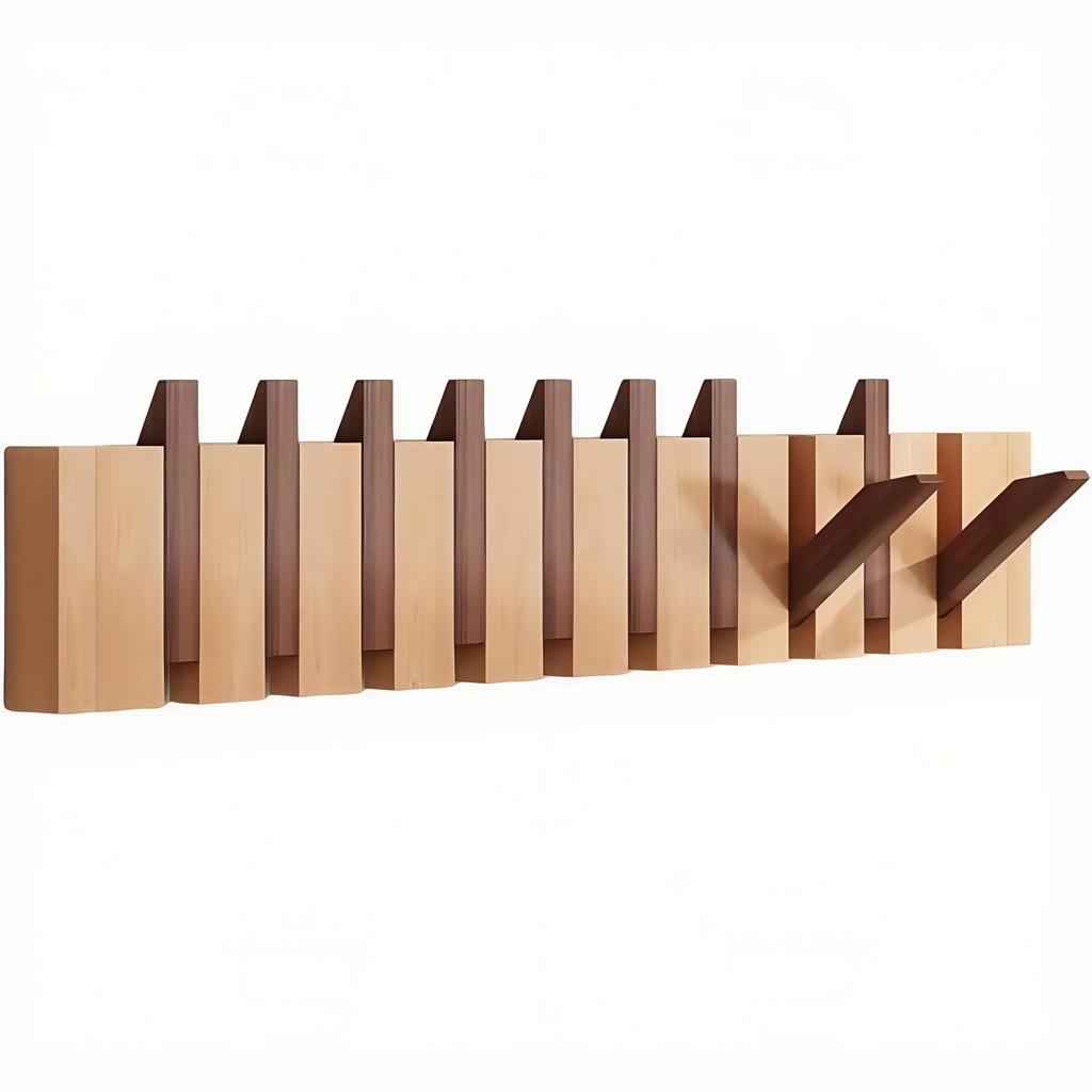 [Wall-Mounted Coat Rack] 1pc Natural Wood Wall-Mounted Coat Rack with Hooks -Piano-Shaped Accordion Design,Walnut Finish,Space-Saving Vertical Storage