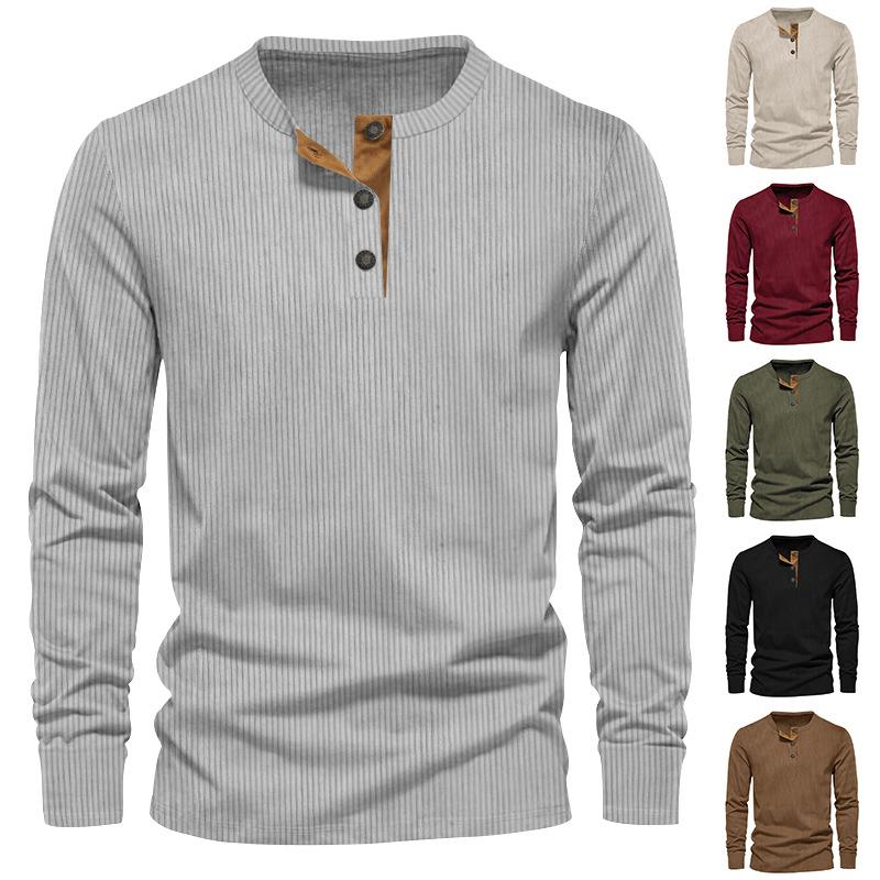 Mens Corduroy Henley Long Sleeve Slim Fit Solid Color Casual T Shirt