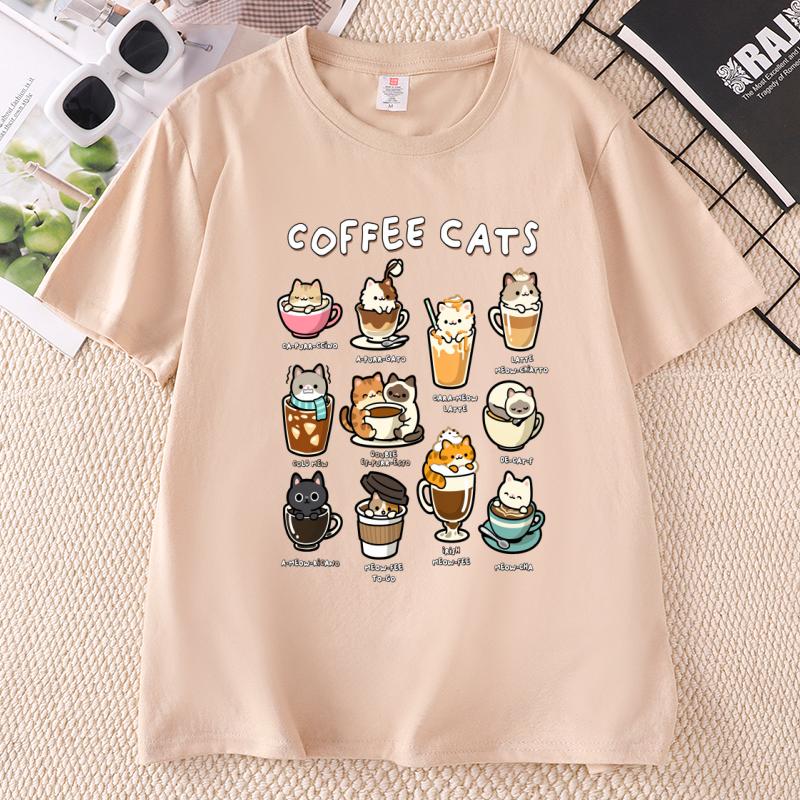 Funny Coffee Cat Cotton Short Sleeve Round Neck Printed Tshirts Unisex Unisex Streetwear Cat Lover Tshirt Unisex Clothing