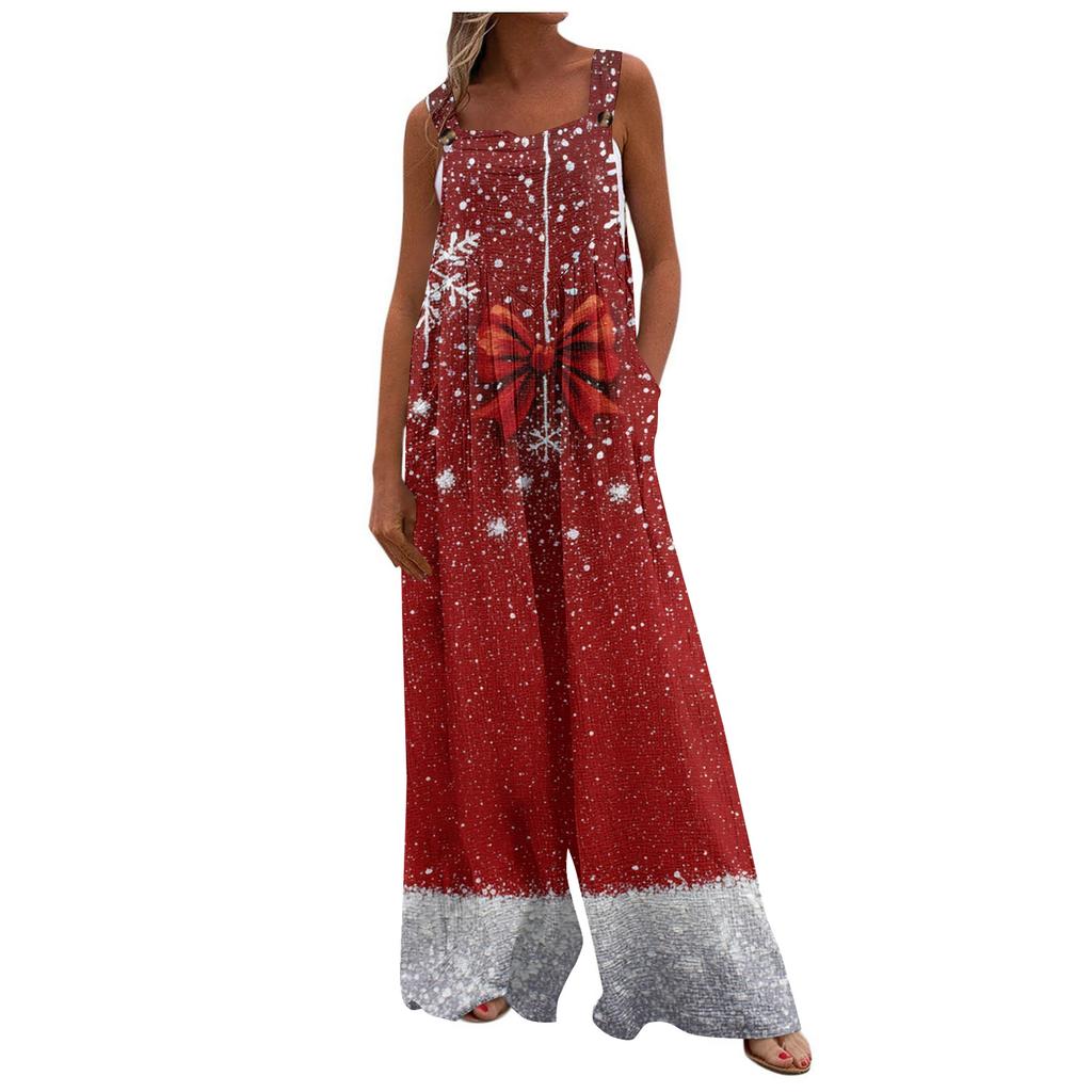 Women's Christmas Print Solid Wide Leg Strapless Tank Pocket Casual Onesie