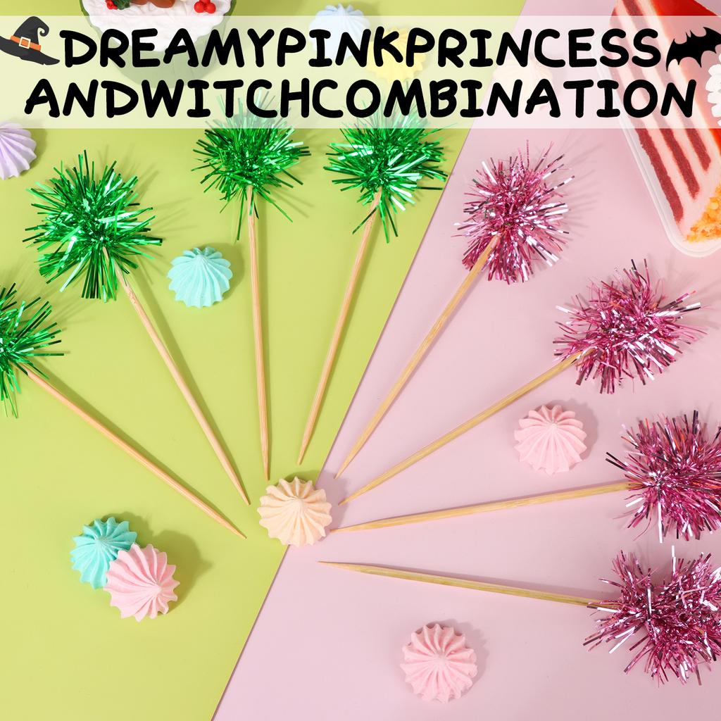 100Pcs Witch Themed Foil Firework Cupcake Toppers Wicked Cupcake Toppers Pink & Green Sparkle Tinsel Cake Toppers Cake Decoratio