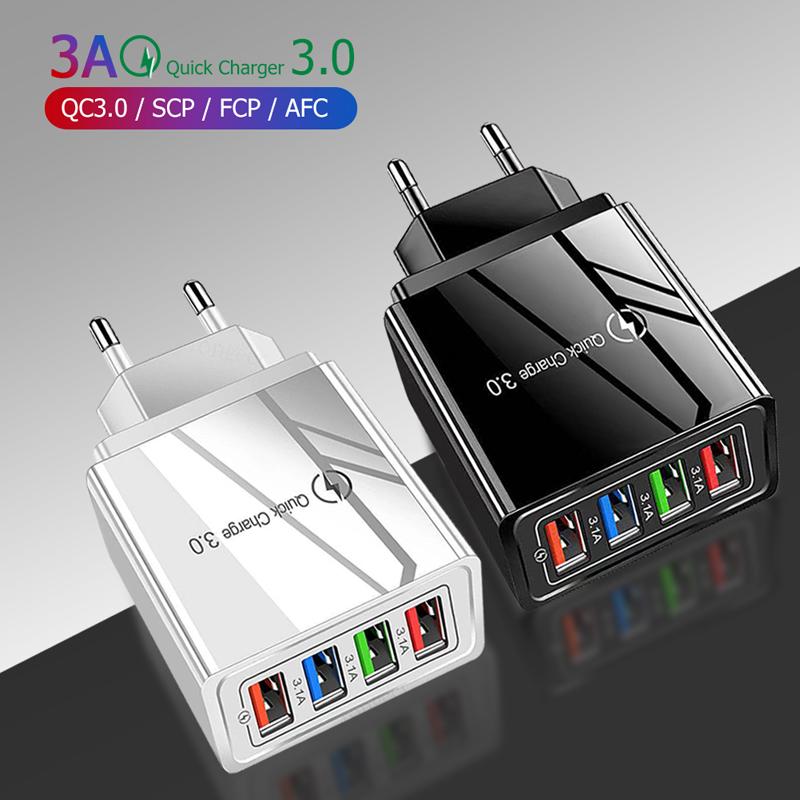 4 USB Charger Quick Charge 3.0 Charger For Iphone  Mate 30 20 Xiaomi 11 10T Ultra POCO F3 X3 NFC Wall Mobile Fast Charger