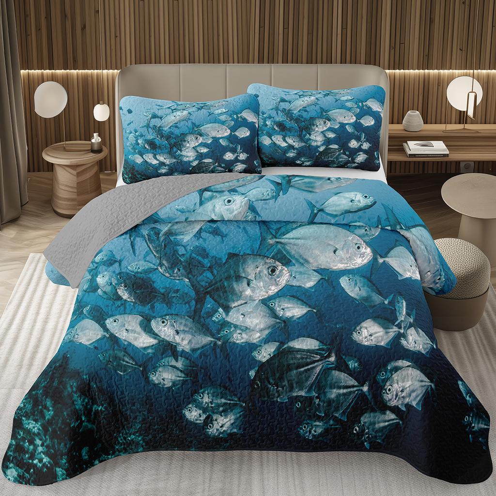 Fish Bedspread Twin Queen Ocean Marine Theme Coverlet Set for Boys Girls Teens Room Soft Lightweight Sea Animal Quilted Bedding
