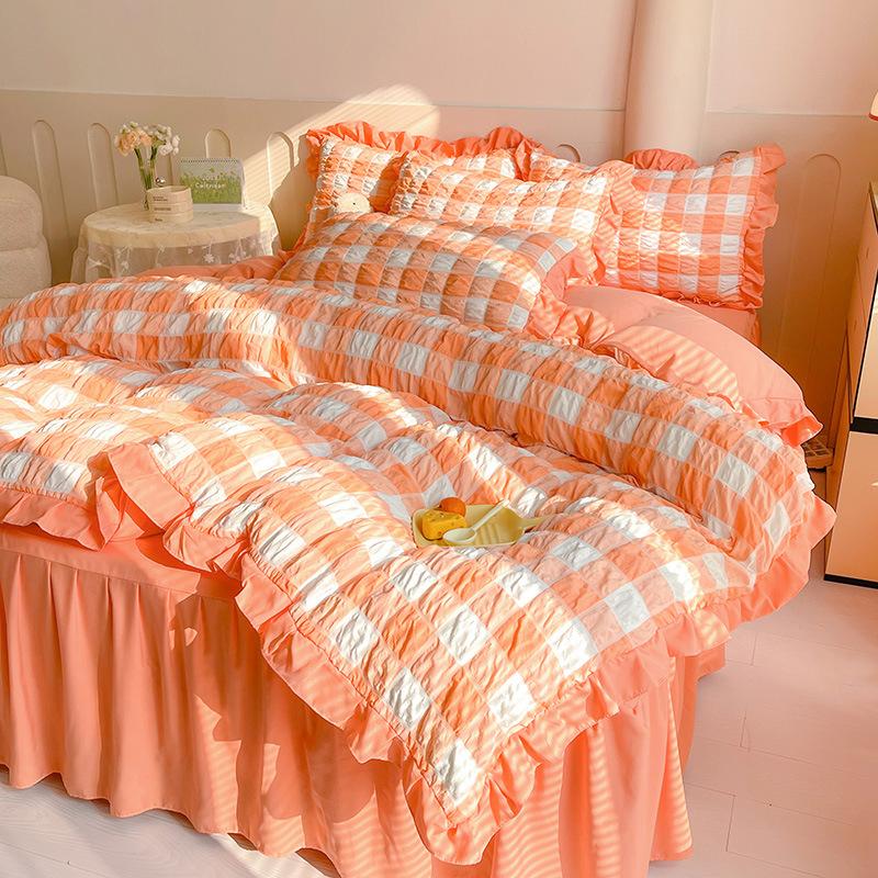 Washed Cotton Plaid Seersucker Bed Four-piece Set, Bed Sheet, Bed Skirt, Quilt Cover, Dormitory Bedding Three-piece Set