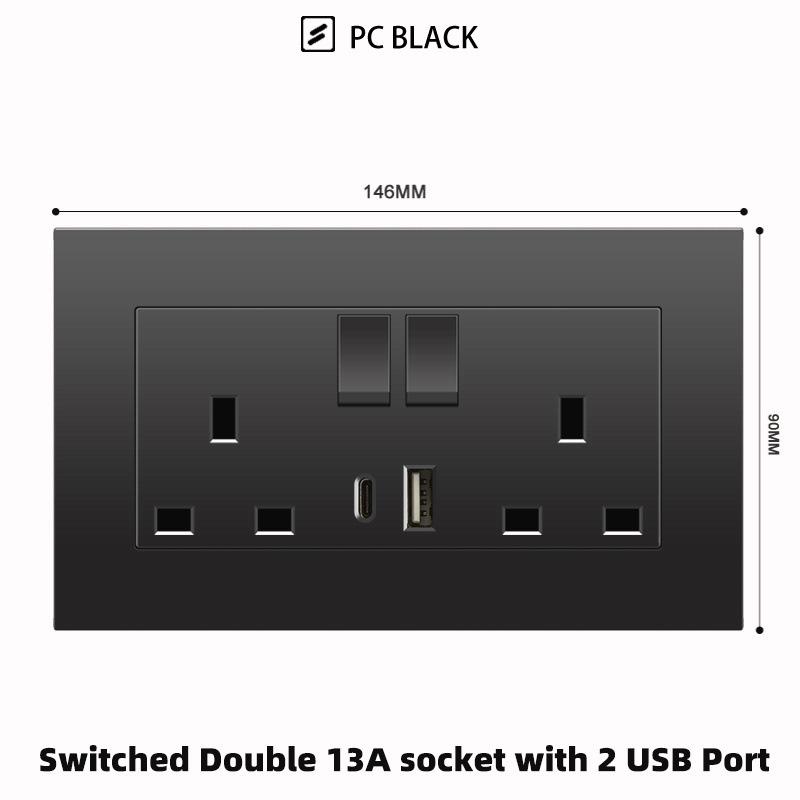 British 13A Socket with USB-C Fast Charging, Hong Kong & Macau Version, Black 3-Hole Square Pin 86 Panel