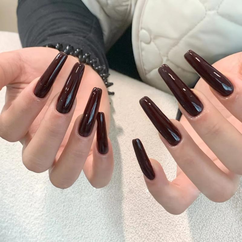 24Pcs New Detachable Solid Color Fake Nails Wearable Bright Long Ballet False Nails Full Cover Manicure Press-On Nails Women