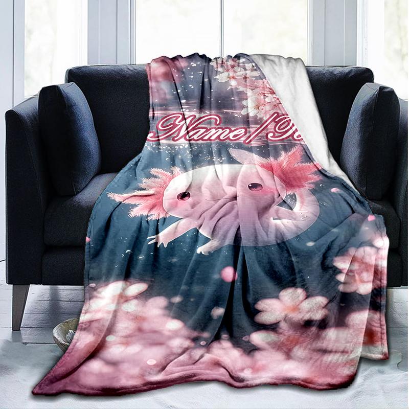 1PC Custom Name Axolotl Cherry Blossoms Outdooor Flannel Blankets Throw Blanket All-Season Throw Gift Bedspread for Couch, Bed, Camping Holiday Birthd