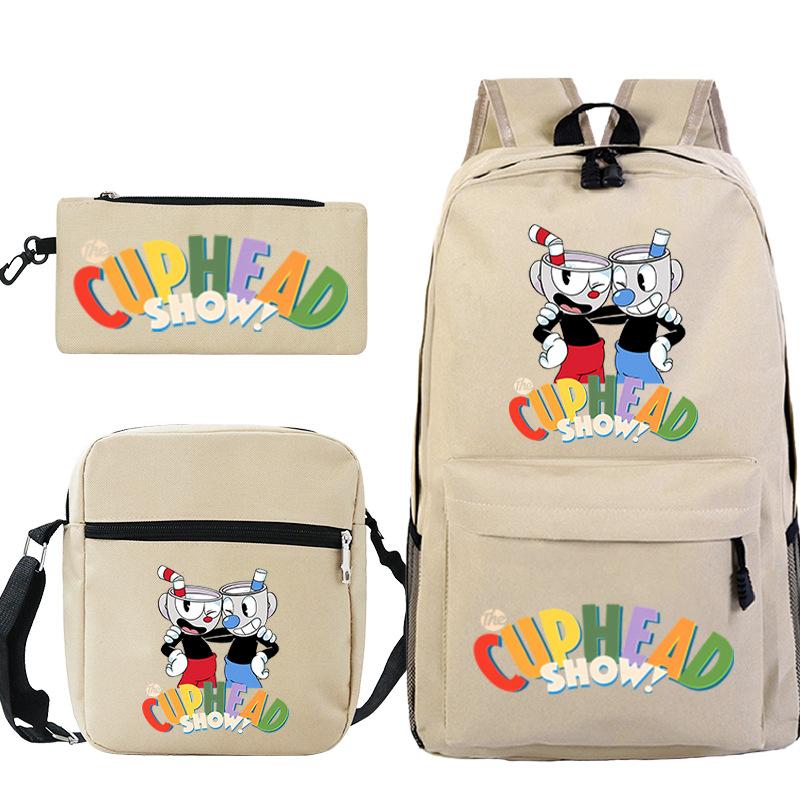 Cartoon Teacup Head Cuphead Student School Bag Backpack Three-piece Set Children's Shoulder Bag Pencil Bag