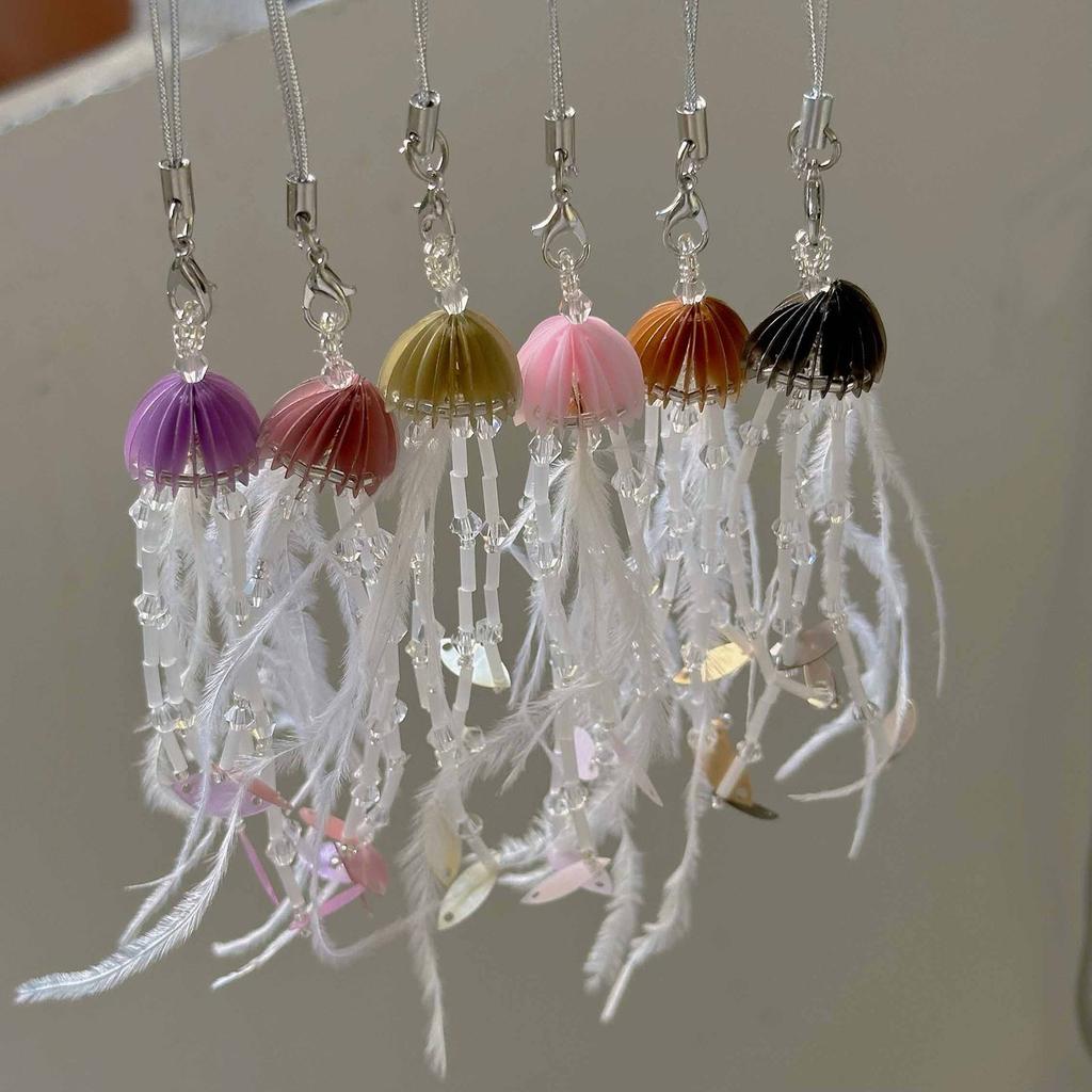 Stylish Jellyfish Pendant with Soft Feathers Fringe Colorful Keychain Unique and Fashionable Phone Charm for Women Girls