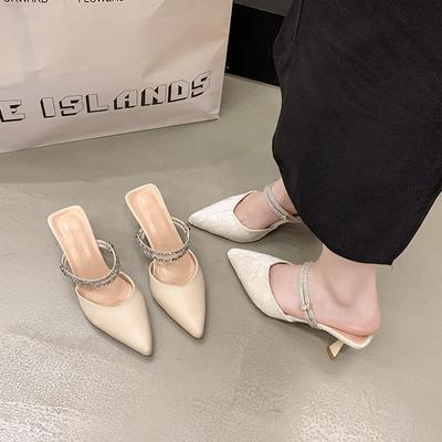 Baotou Sandals Women's Middle Heel Two Wearing Slippers Summer Wear Pointed Thin Heel Rhinestone Empty Single Shoes Women 2025 New