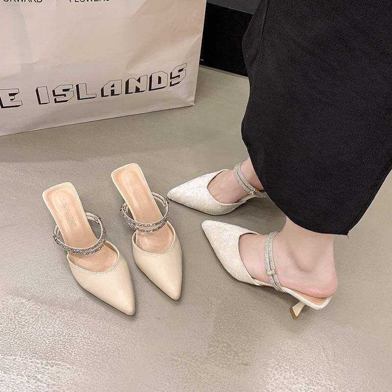 Baotou sandals women's middle heel two wearing slippers summer wear pointed thin heel rhinestone rear empty single shoes women's new models