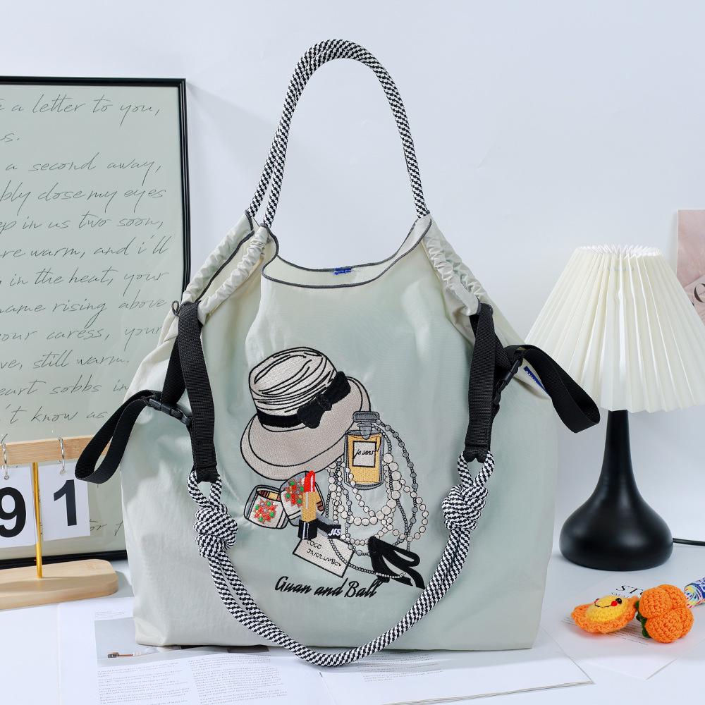 Japanese Style Handmade Waterproof Nylon Canvas Bag with Embroidered Patterns, Large Capacity