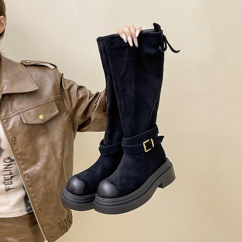 

Piaohong retro suede round head thick heel thick-soled boots women s 2025 autumn and winter new belt buckle versatile knight boots 35 чёрный