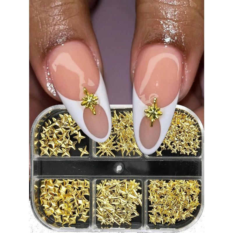 6 Grids/box 3D Star, Pentagon, Gold Color Metal Nail Art Decorations Cross Star, Y2K Nail Jewelry, DIY Nail Charms Nail Art Supplies