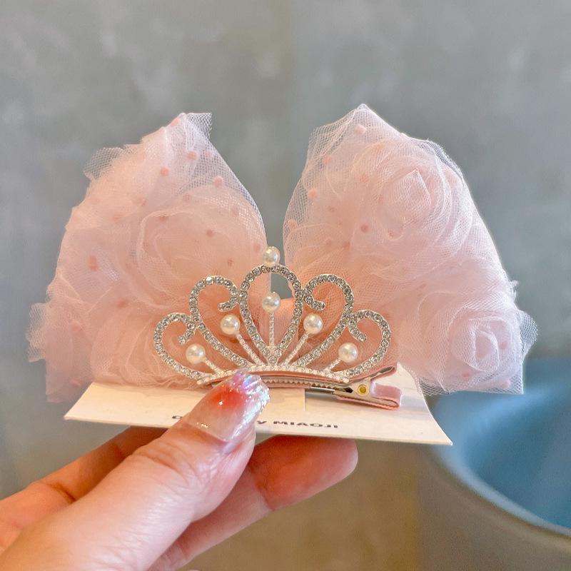 3D Rose Birthday Crown Hair Clip for Girls - Korean Style Polka Dot Bow Headwear