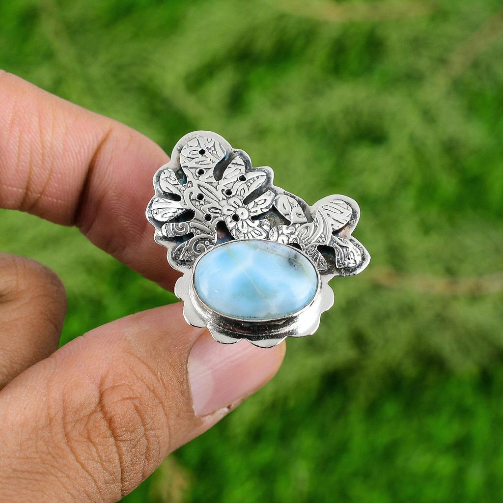 Natural Larimar Gemstone Solitaire Blue Adjustable Ring 925 Sterling Silver