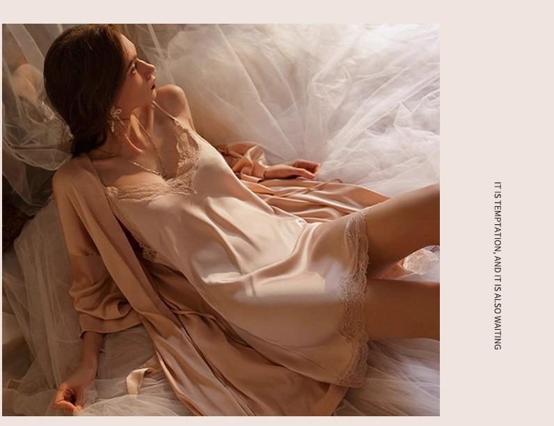 Camisón de Encaje de Seda de Hielo de Alta Gama Verano 2025 para Mujer - Estilo Puro Deseo con Almohadilla en el Pecho, Talla Grande Disponible