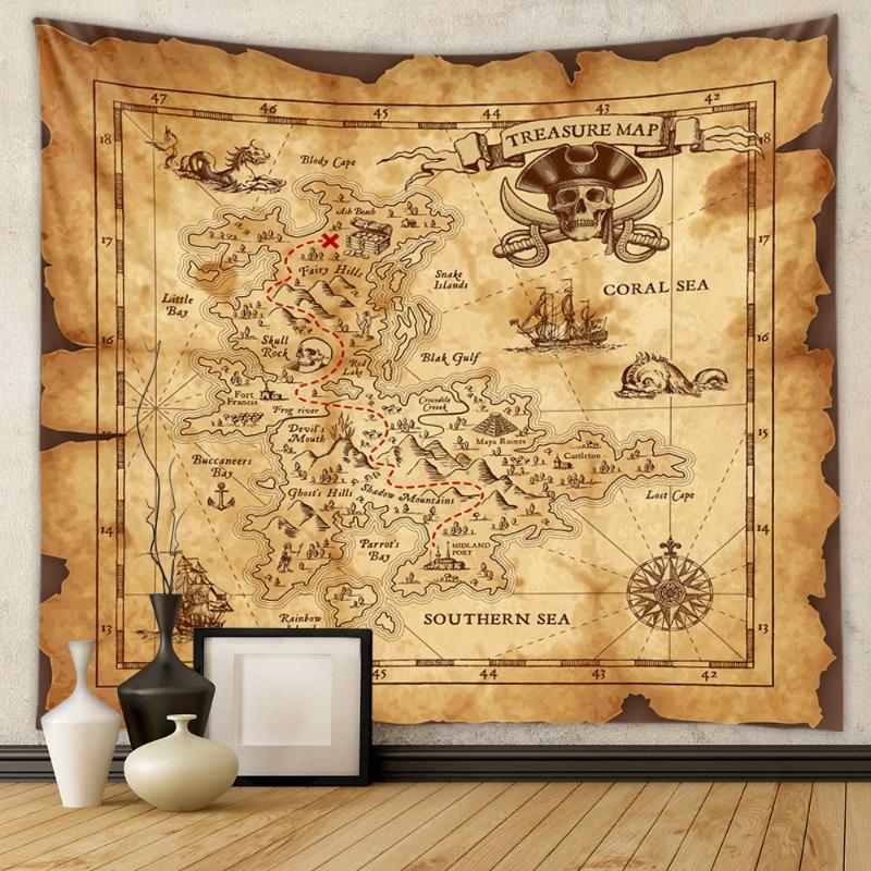 Retro Geography World Map Tapestry Polyester Wall Hanging Vintage Print for Bedroom Aesthetic Room Decoration 100X70CM