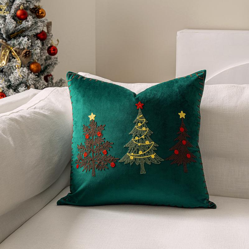 Christmas Embroidery Throw Pillow Cover Xmas Tree Reindeer Snowflake Embroidered Cushion Case Home Decoration (Without Core)