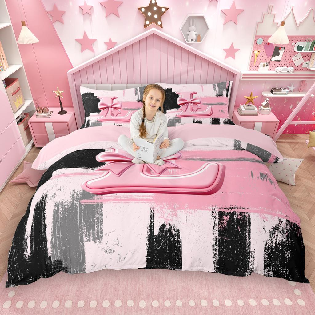 Homewish Girls Bow Monogrammed Duvet Cover Set 2Pcs/3Pcs Black Pink Ombre Bedding Set Personalized Letter A To T Quilt Cover