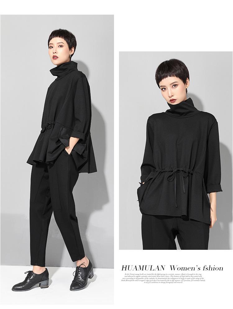 Trendiges Damen Oberteil im europäischen und amerikanischen Stil, dunkel, langärmlig, mit Kordelzug in der Taille - Frühling/Herbst