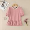 ZANZEA Damen Patchwork Rundhals Locker Sommer Lässig Kurzarm Bluse