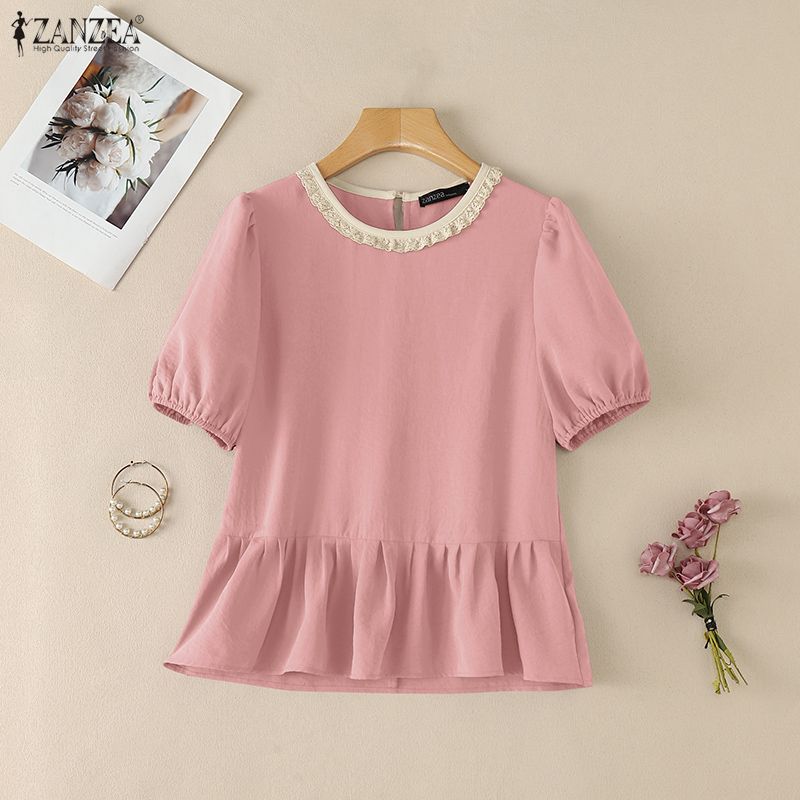 ZANZEA Damen Patchwork Rundhals Locker Sommer Lässig Kurzarm Bluse