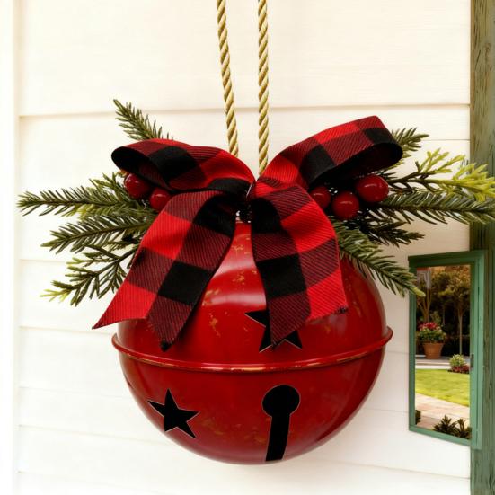 Christmas Bells Ornament Rustic Christmas Jingle Bell with Pine Needles Red Berries Plaid Bow Metal Sleigh Bell Farmhouse Xmas Tree Hanging Decor