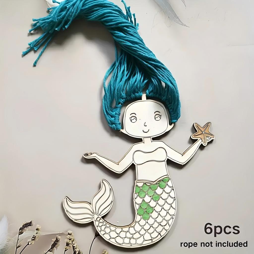 12pcs Mermaid Wooden Hanging Crafts Kit DIY Painting Birthday Coloring Set Ornament Knotting Gift Supplies