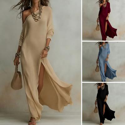 Women One Shoulder High Slit Maxi Dress Long Sleeve Loose Flowy Beach Sundress Casual Travel Vacation Knit Long Dress