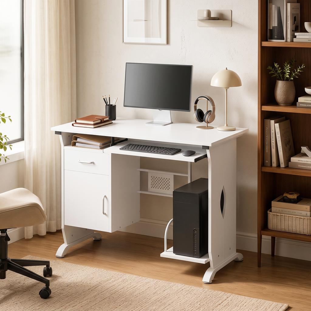 Computer Desk, 100 x 52 x 75 cm, Sliding Keyboard Tray, Drawers, CPU Holder, White