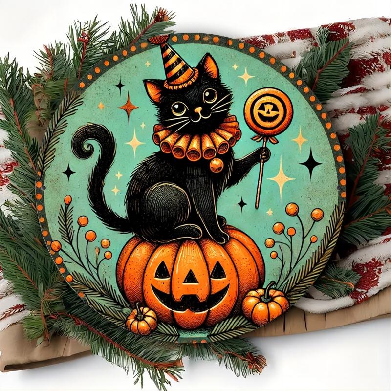 Vintage Halloween Clown Cat Round Aluminum Sign