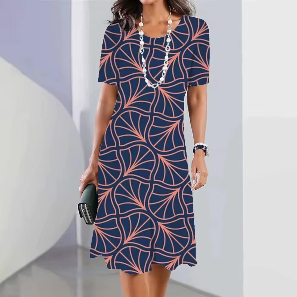 Summer Women's Dresses Fashion Round Neck Short Sleeve Simple Striped Printed Casual Women's Clothing Bohemian Style