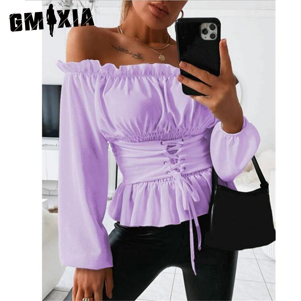 

GMXIA Женские модные повседневные однотонные блузки и рубашки с длинным рукавом с принтом S фиолетовый