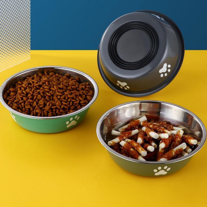Stainless Steel Pet Water Food Bowl with Paw Print Anti-slip Silicone Base Feeder for Dogs Cats Home Outdoor Use